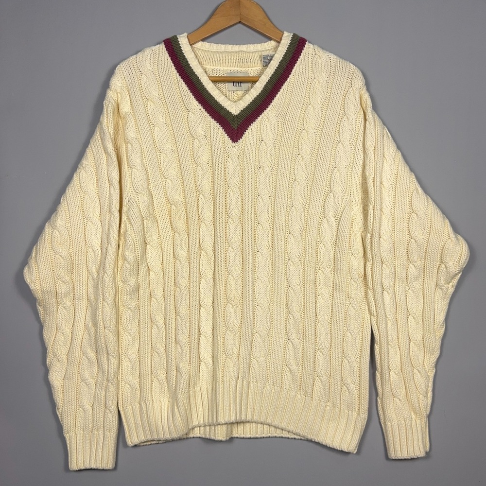 Vintage Gap Cable Knit V-Neck Sweater Mens Size Small Cotton Cream Preppy